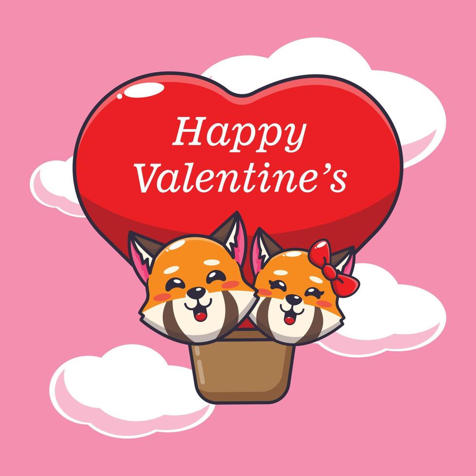 cute red panda cartoon character fly with air balloon in valentines day vector