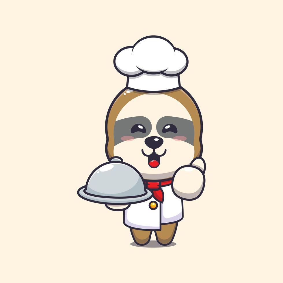 lindo personaje de dibujos animados de la mascota del chef perezoso con plato vector