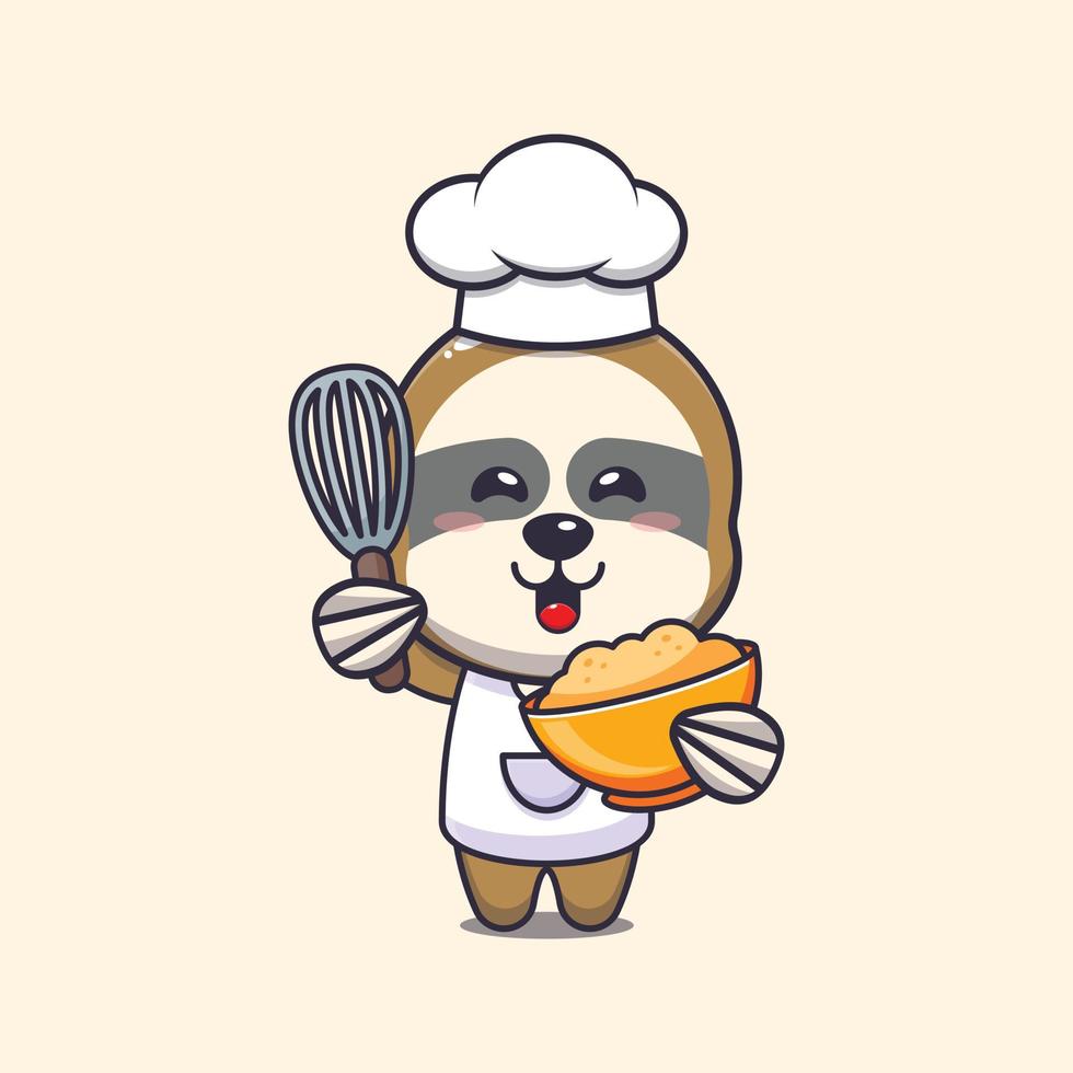 cute sloth chef mascot cartoon character with cake dough vector
