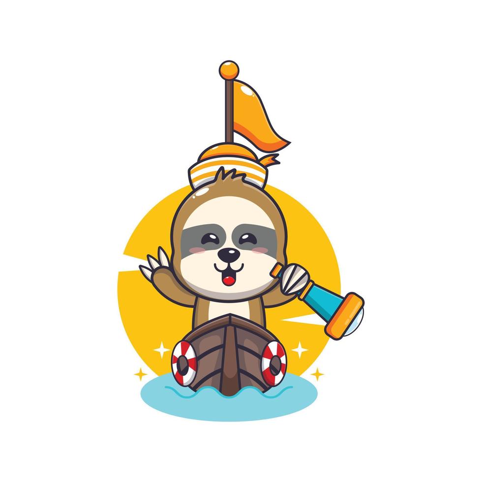 cute sloth mascot cartoon character on the boat vector