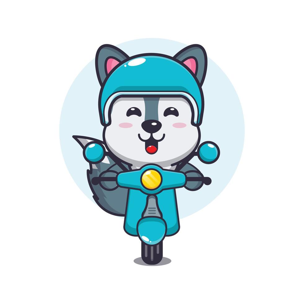 lindo lobo mascota personaje de dibujos animados paseo en scooter vector
