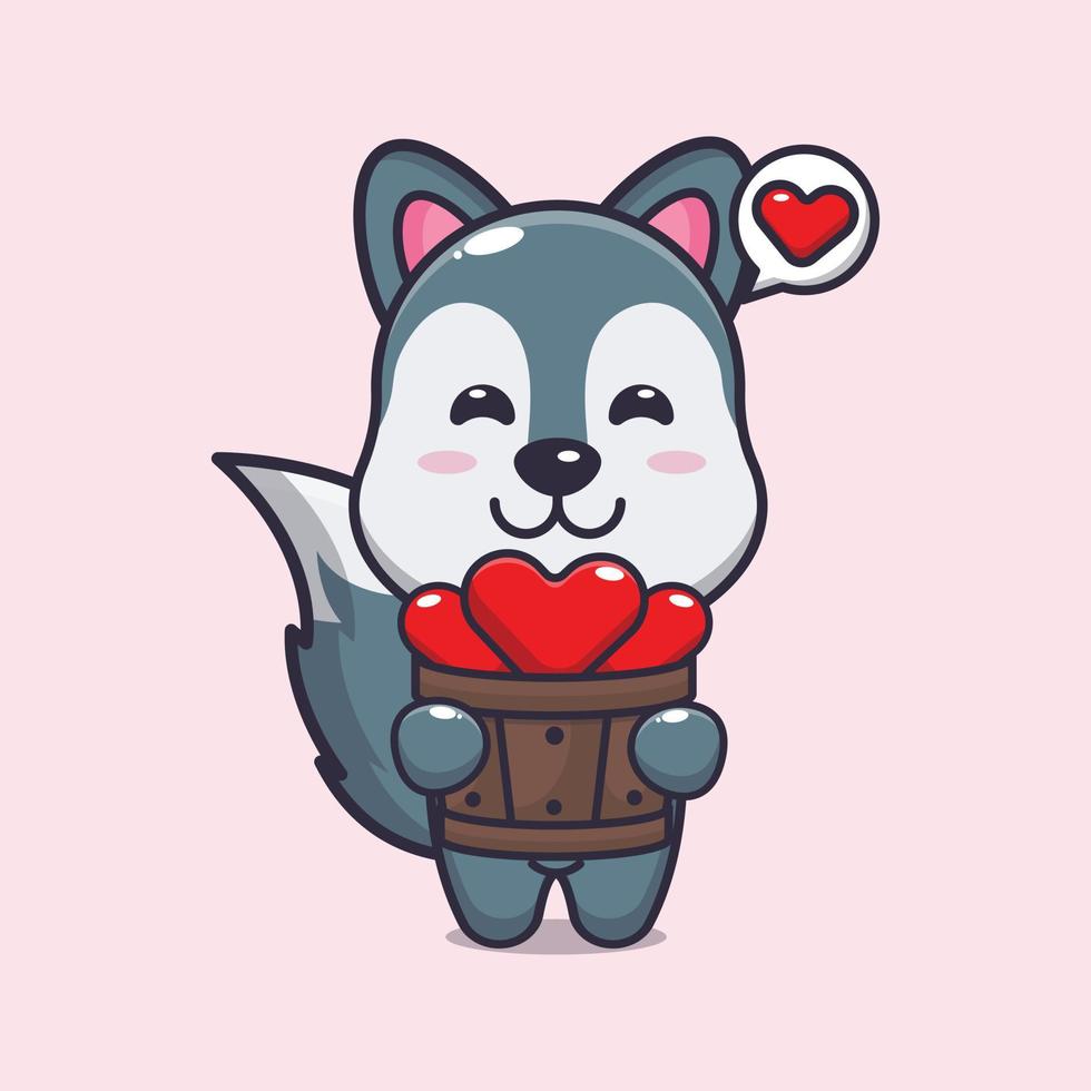 cute wolf cartoon character holding love in wood bucket vector