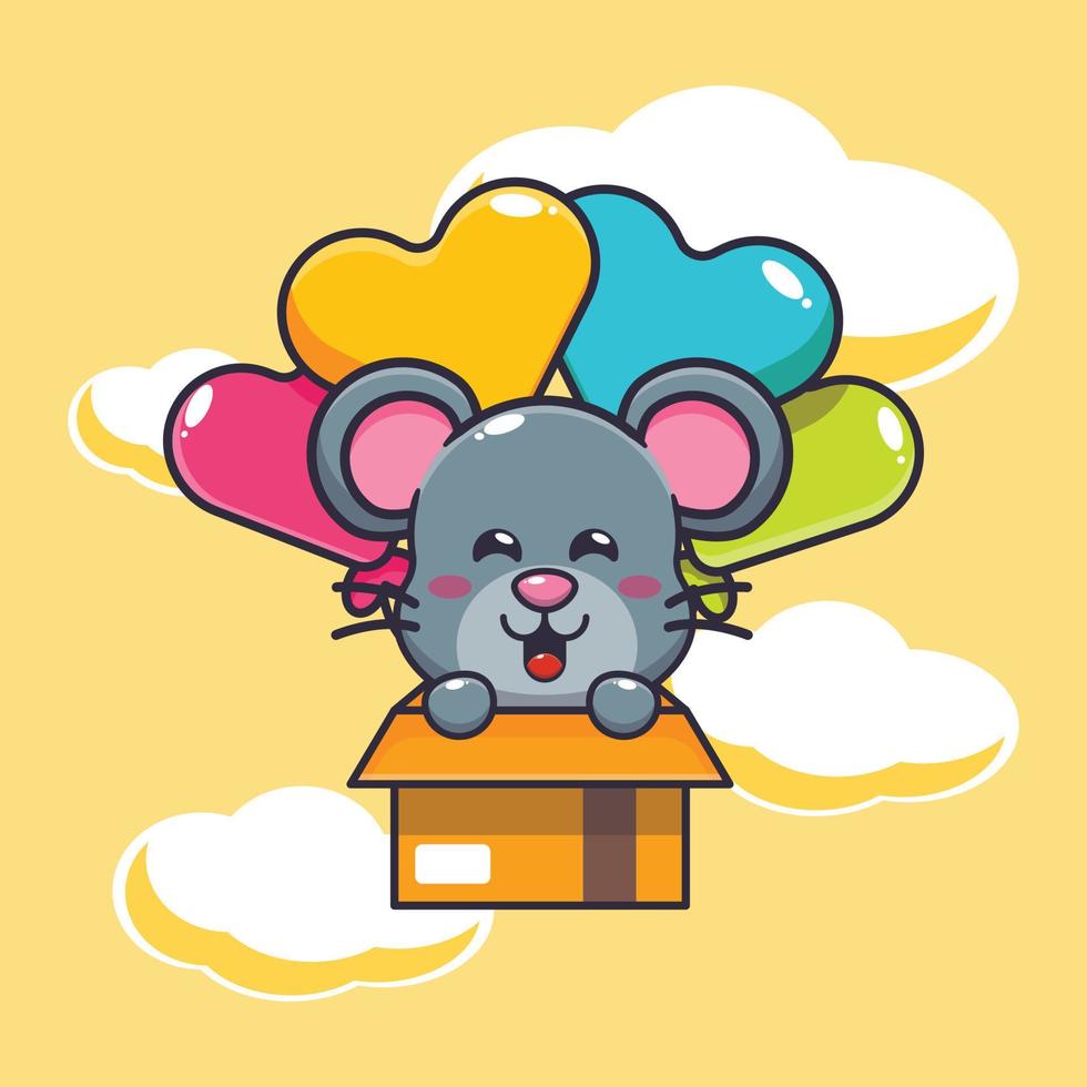 lindo ratón mascota personaje de dibujos animados volar con globo vector