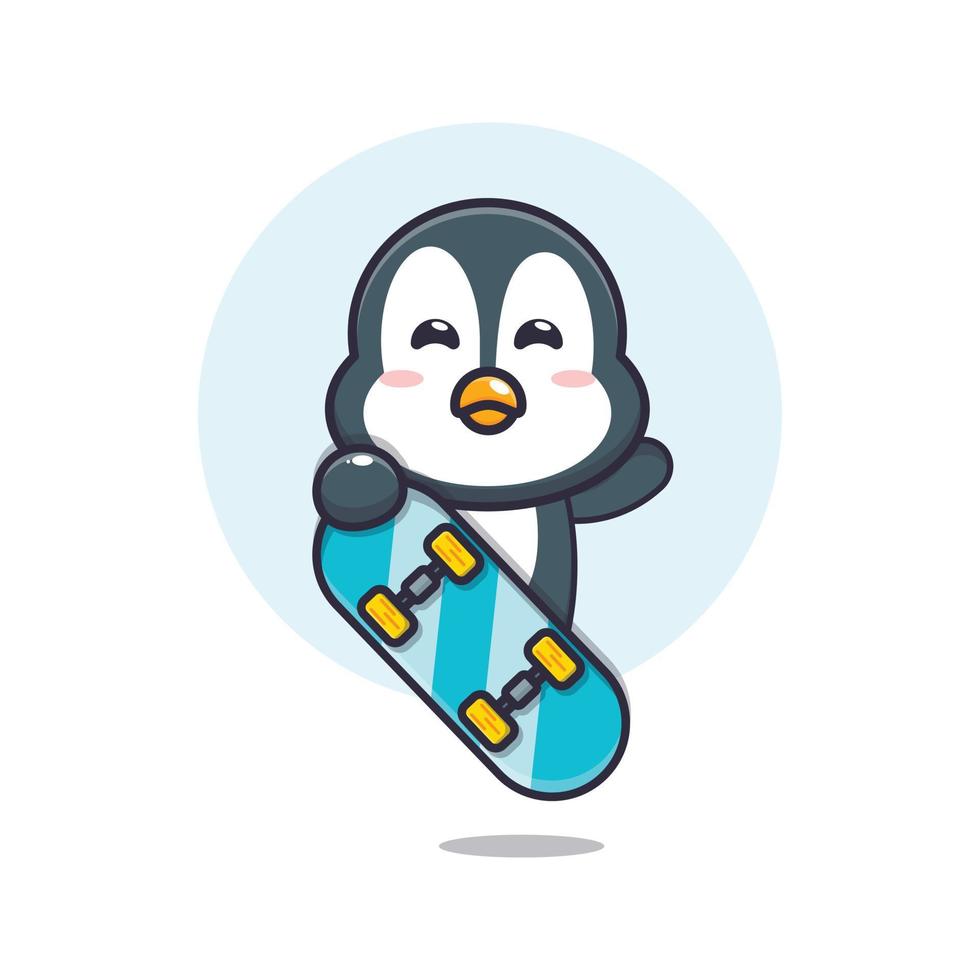 lindo personaje de dibujos animados de la mascota del pingüino con monopatín vector
