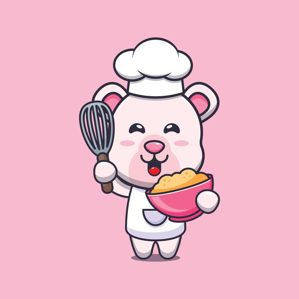 lindo oso polar chef mascota personaje de dibujos animados con masa de pastel vector