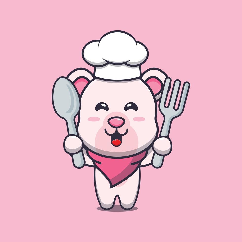 lindo oso polar chef mascota personaje de dibujos animados con cuchara y tenedor vector