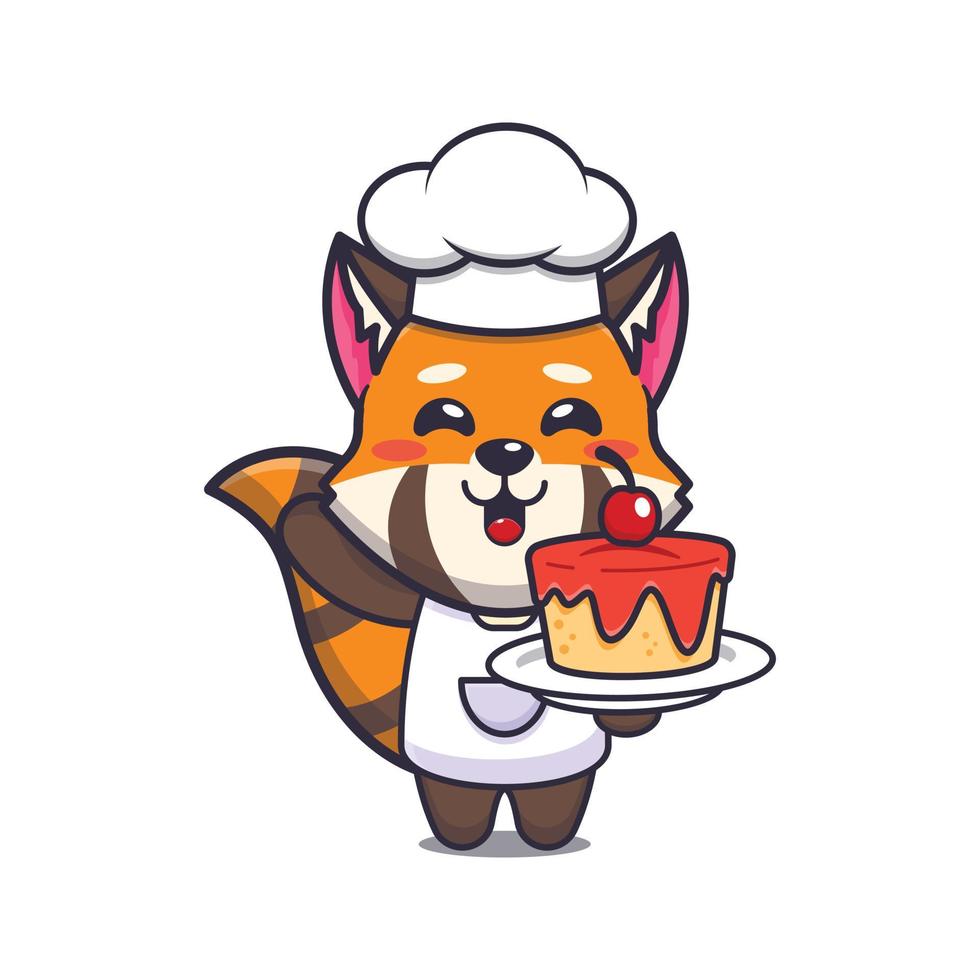 lindo personaje de dibujos animados de la mascota del chef panda rojo con pastel vector