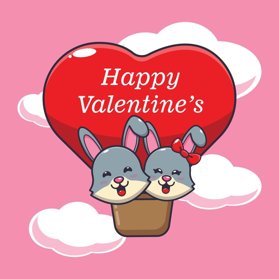 cute rabbit cartoon character fly with air balloon in valentines day vector