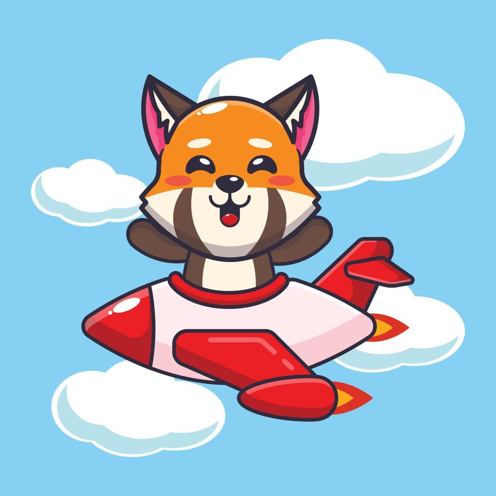 cute red panda mascot cartoon character ride on plane jet vector