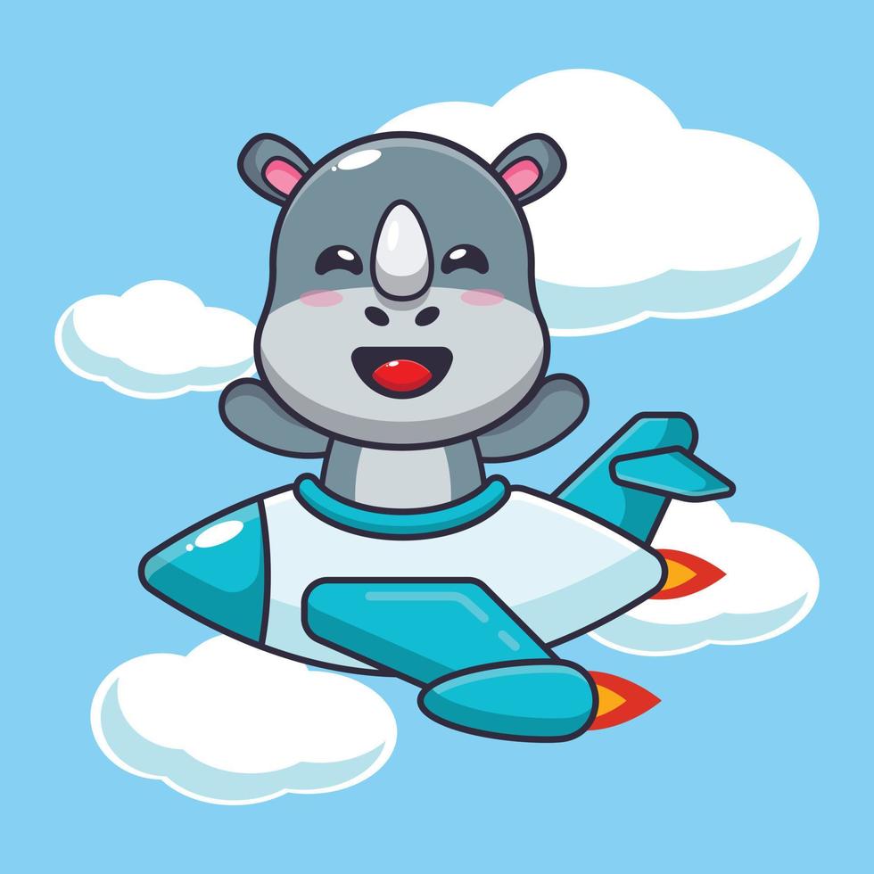 lindo personaje de dibujos animados de la mascota del rinoceronte paseo en avión jet vector