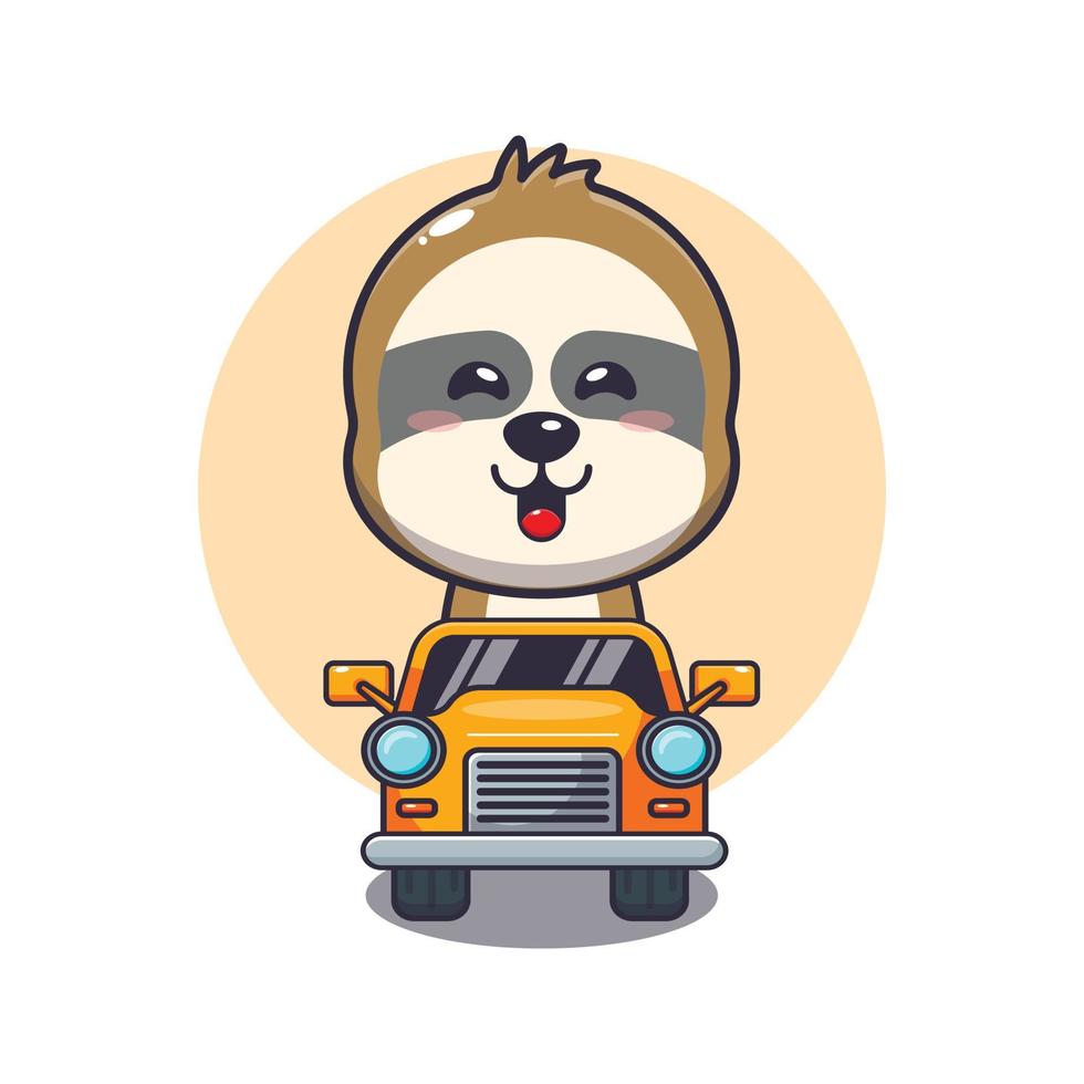 lindo personaje de dibujos animados mascota perezoso paseo en coche vector