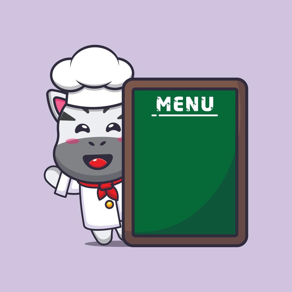 lindo personaje de dibujos animados de la mascota del chef cebra con tablero de menú vector