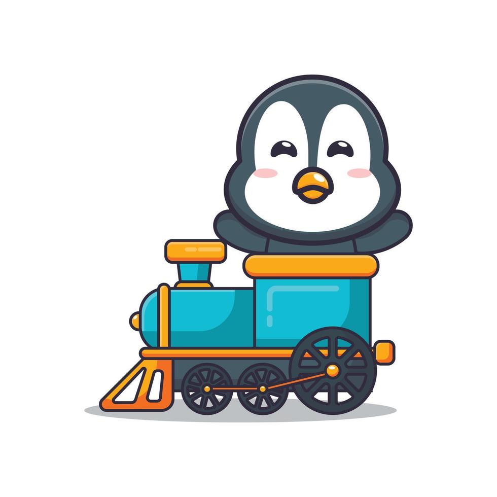 lindo pingüino mascota personaje de dibujos animados paseo en tren vector