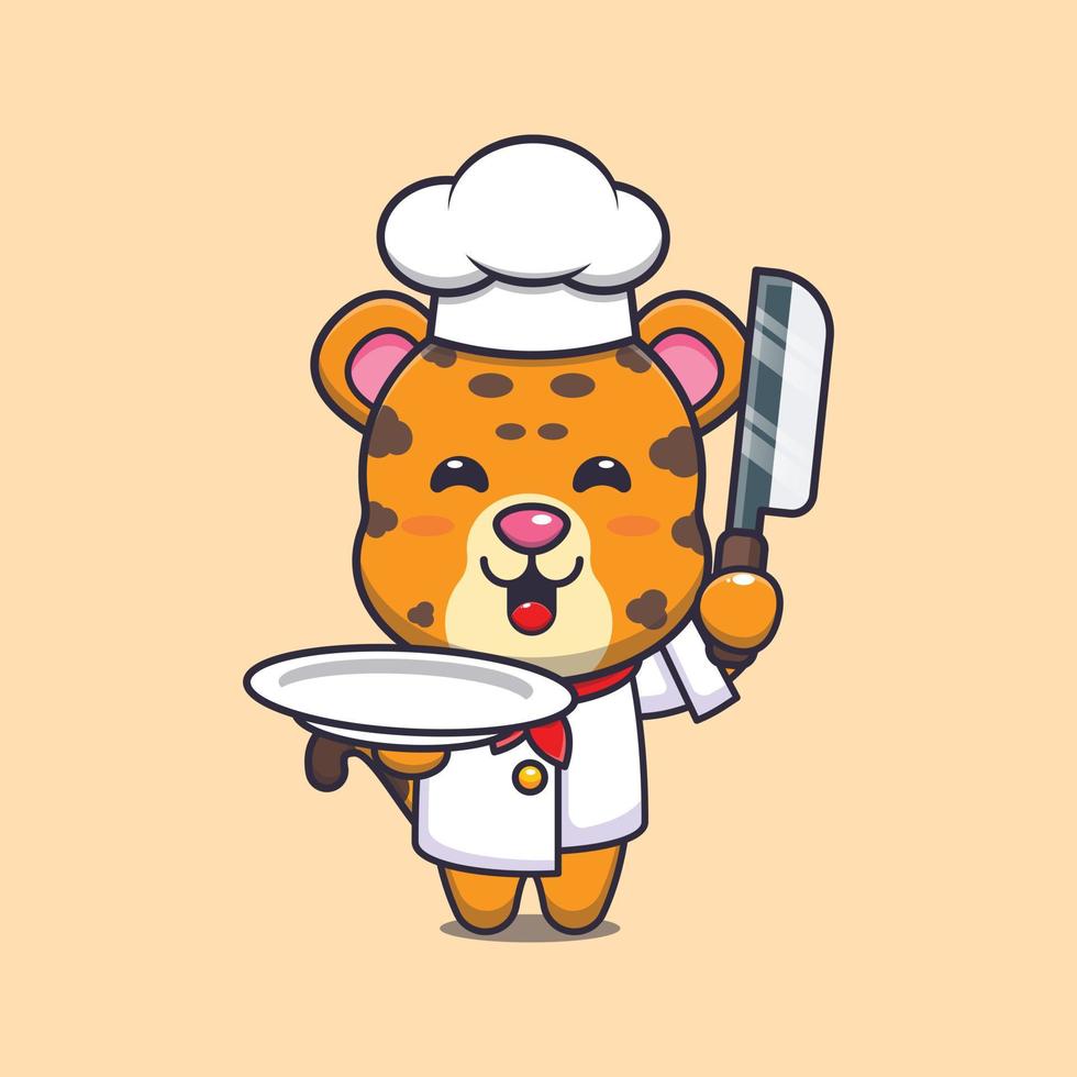 lindo personaje de dibujos animados de la mascota del chef leopardo con cuchillo y plato vector