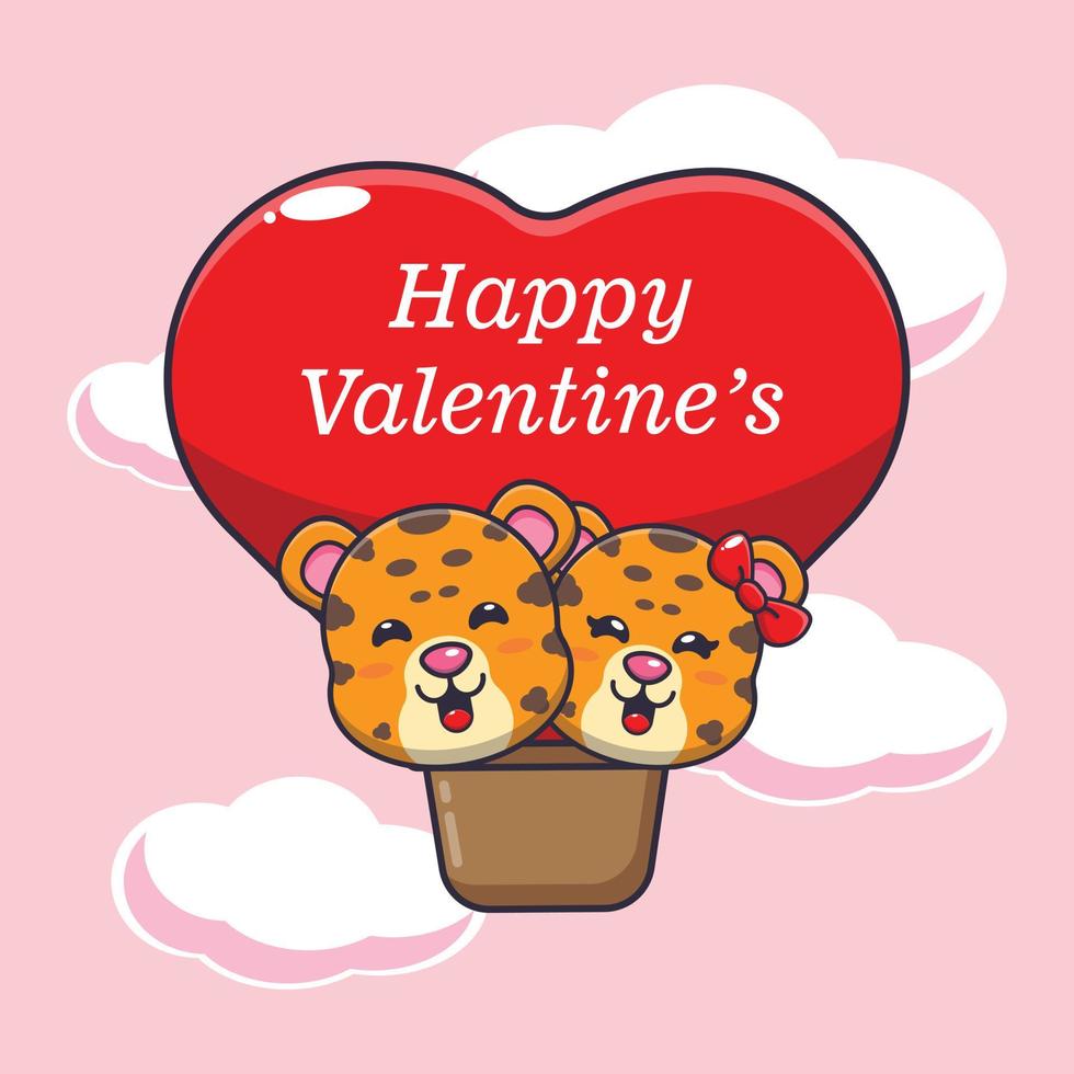 cute leopard cartoon character fly with air balloon in valentines day vector