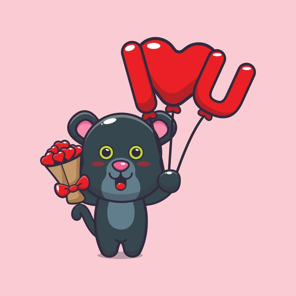 lindo personaje de dibujos animados de pantera con globo de amor y flores de amor vector