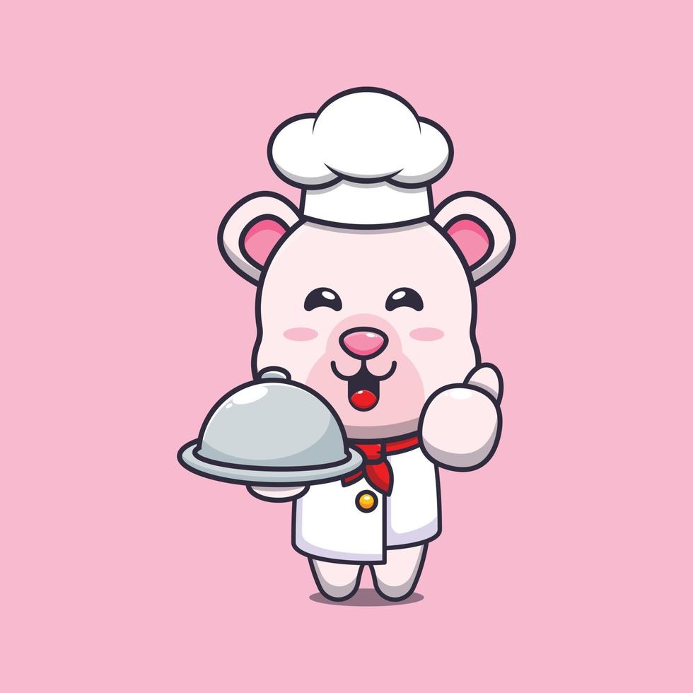 lindo oso polar chef mascota personaje de dibujos animados con plato vector