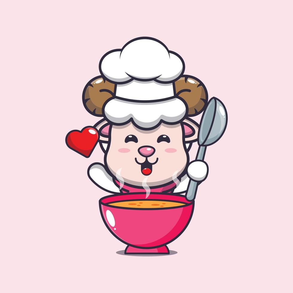 lindo personaje de dibujos animados de la mascota del chef de ovejas con sopa vector