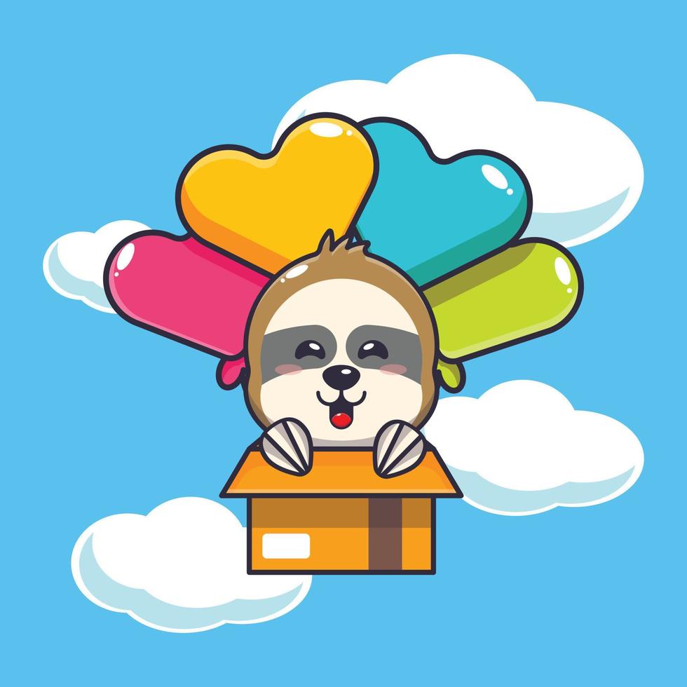 cute sloth mascot cartoon character fly with balloon vector