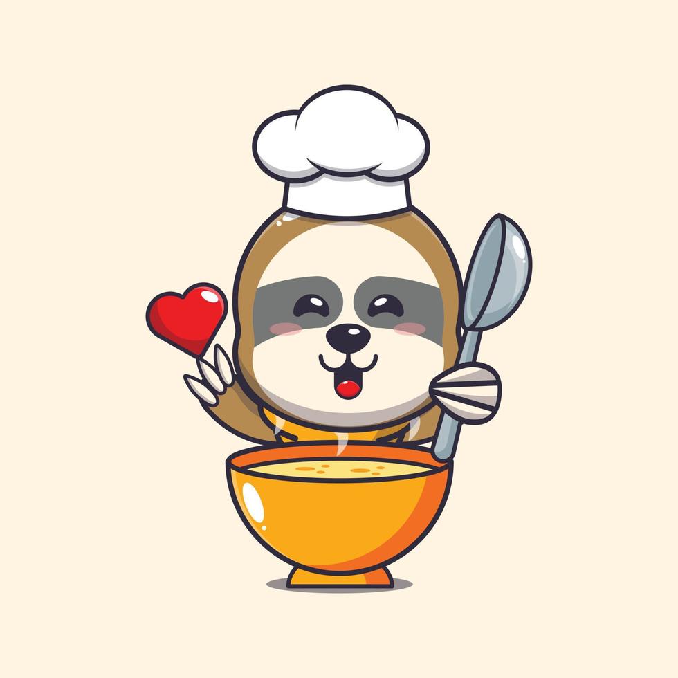 cute sloth chef mascot cartoon character with soup vector