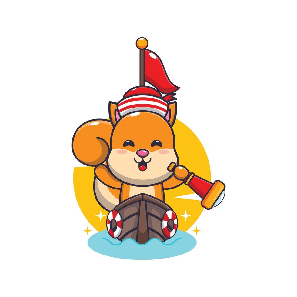 cute squirrel mascot cartoon character on the boat vector