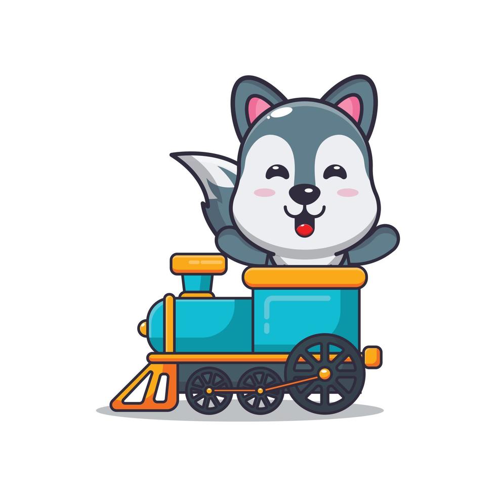 lindo lobo mascota personaje de dibujos animados paseo en tren vector