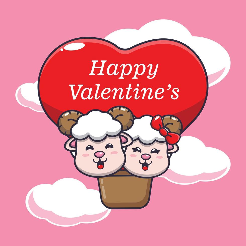 cute sheep cartoon character fly with air balloon in valentines day vector