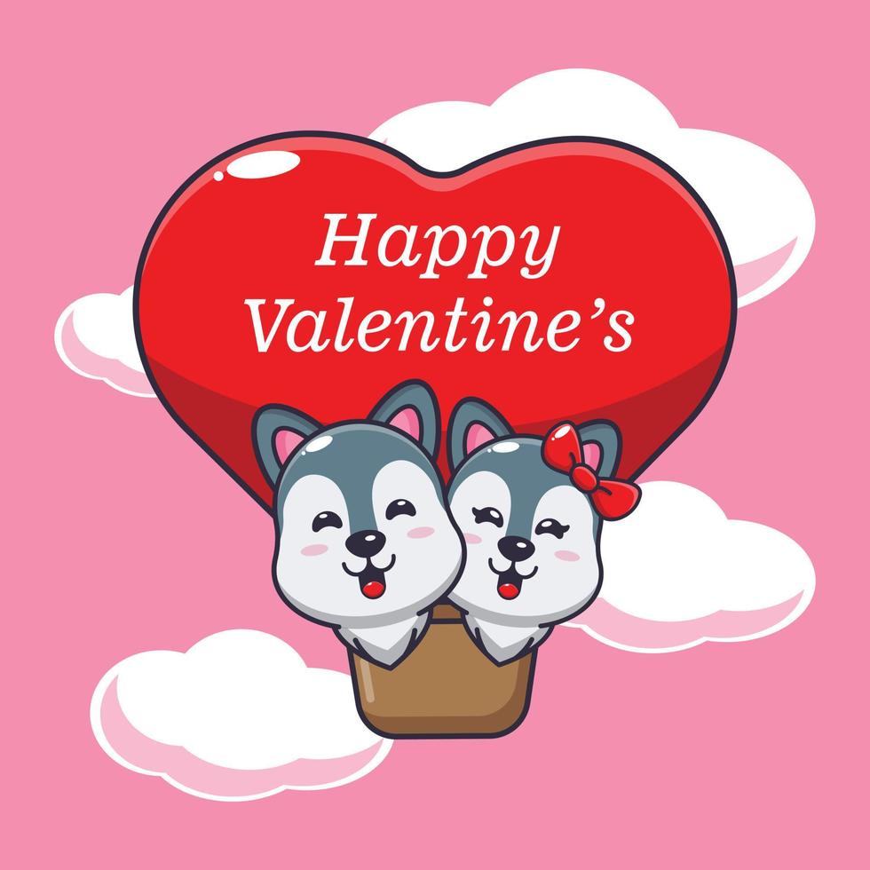 cute wolf cartoon character fly with air balloon in valentines day vector