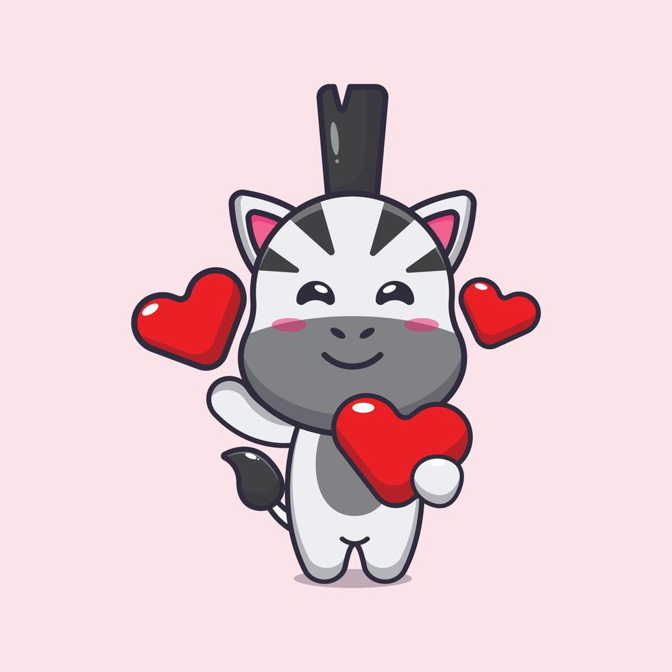 cute zebra cartoon character holding love heart in valentines day vector