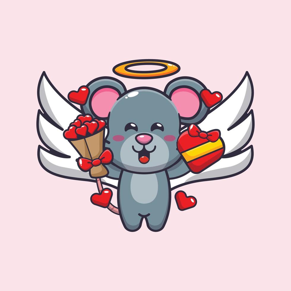 lindo personaje de dibujos animados de cupido de ratón con regalo de amor y ramo de amor vector