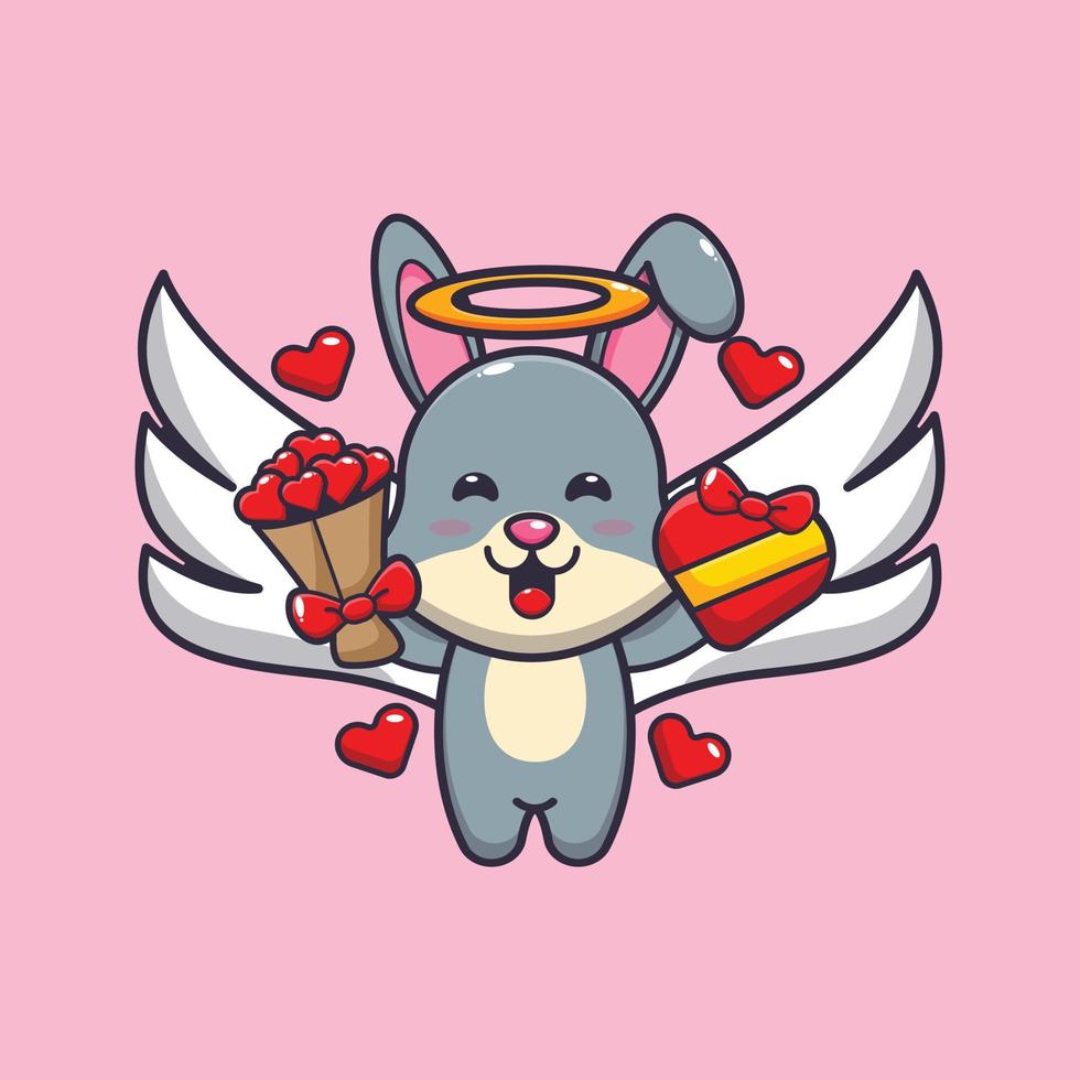 cute rabbit cupid cartoon character holding love gift and love bouquet vector