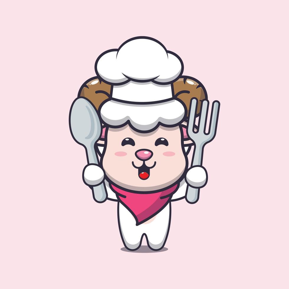 lindo personaje de dibujos animados de la mascota del chef de oveja con cuchara y tenedor vector