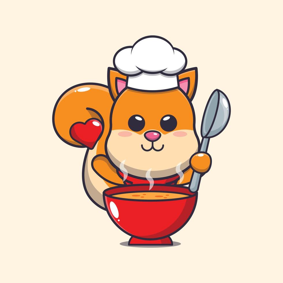 cute squirrel chef mascot cartoon character with soup vector