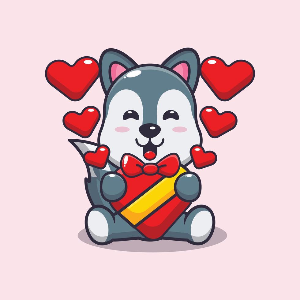 lindo personaje de dibujos animados de lobo feliz en el día de san valentín vector