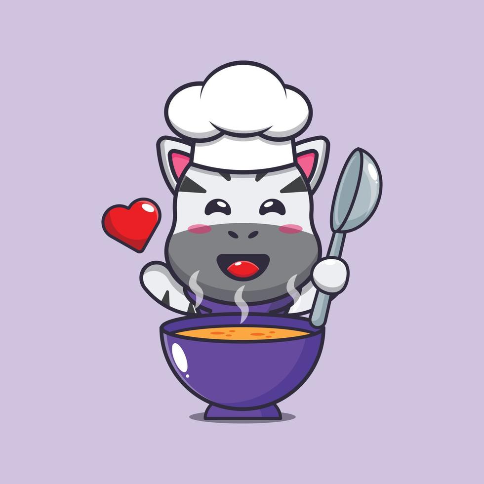 lindo personaje de dibujos animados de la mascota del chef cebra con sopa vector