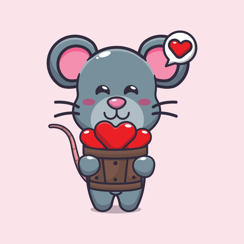cute mouse cartoon character holding love in wood bucket vector
