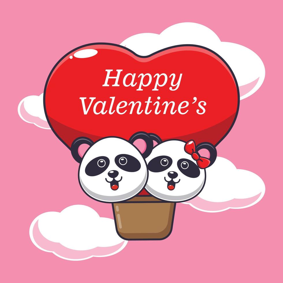cute panda cartoon character fly with air balloon in valentines day vector