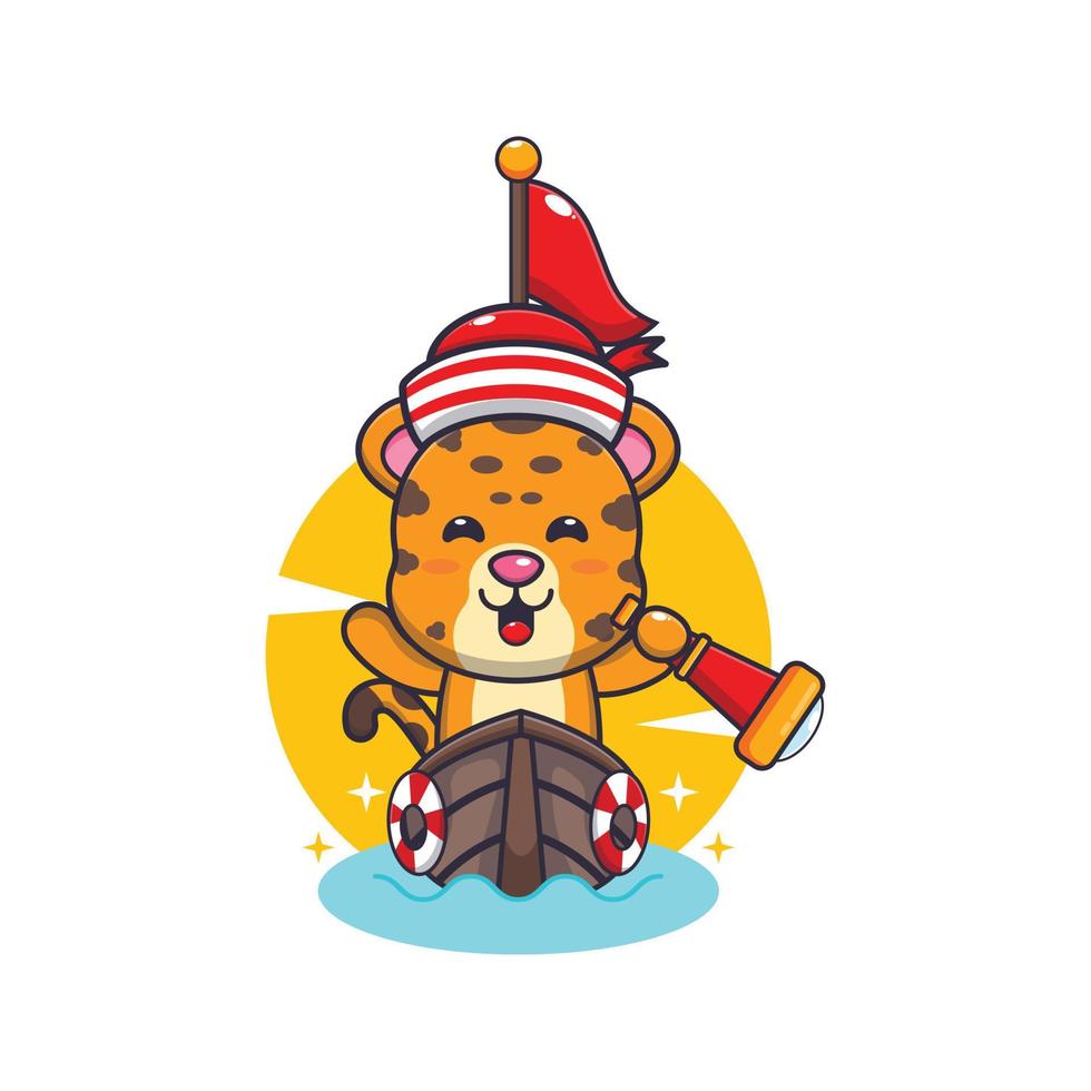 cute leopard mascot cartoon character on the boat vector