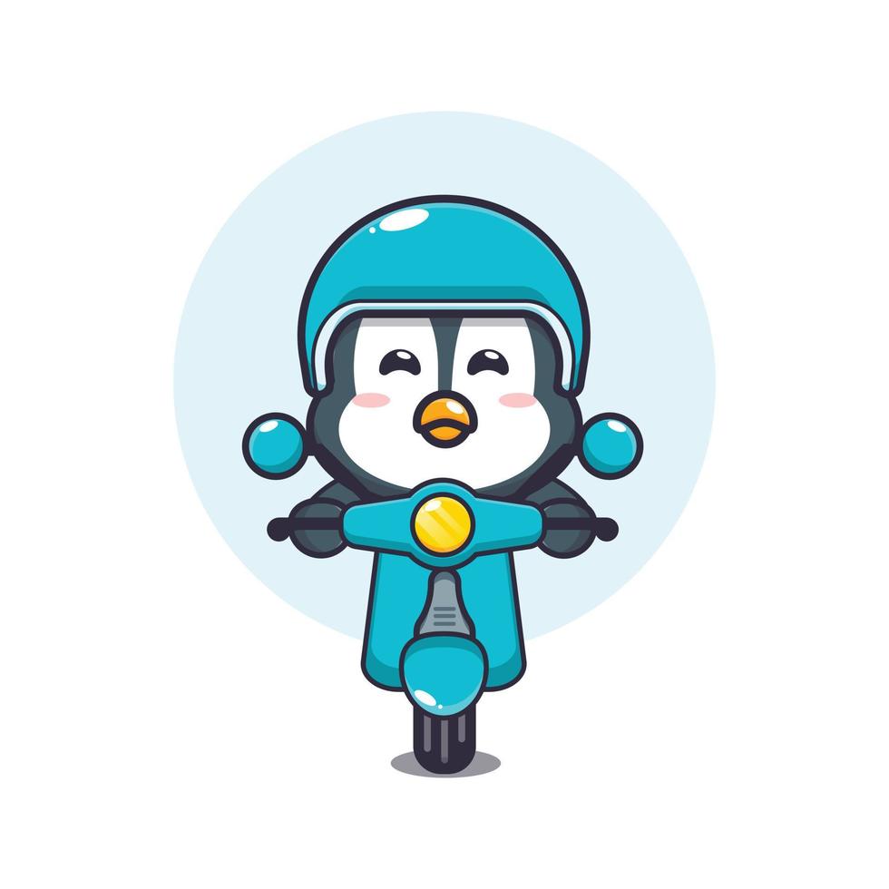 lindo pingüino mascota personaje de dibujos animados paseo en scooter vector