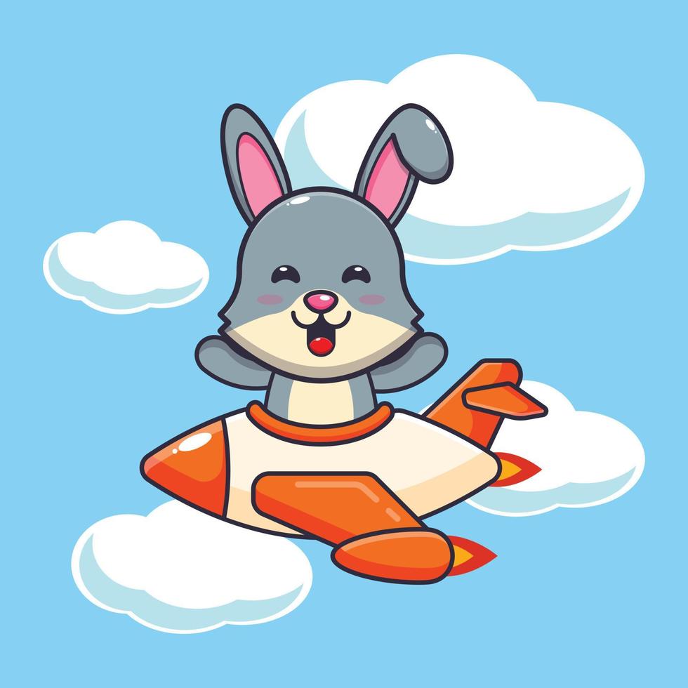 lindo conejo mascota personaje de dibujos animados paseo en avión jet vector