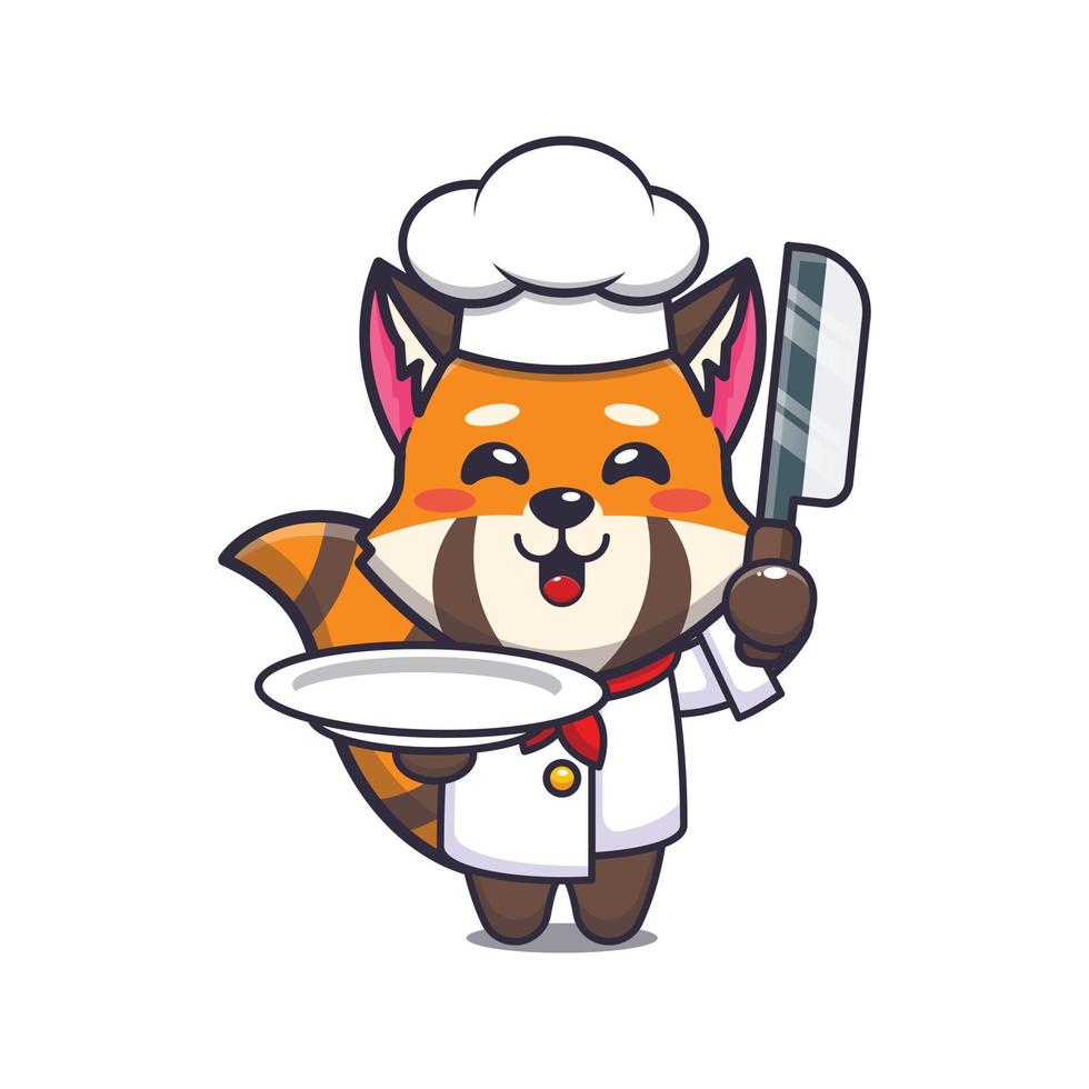 lindo personaje de dibujos animados de la mascota del chef panda rojo con cuchillo y plato vector