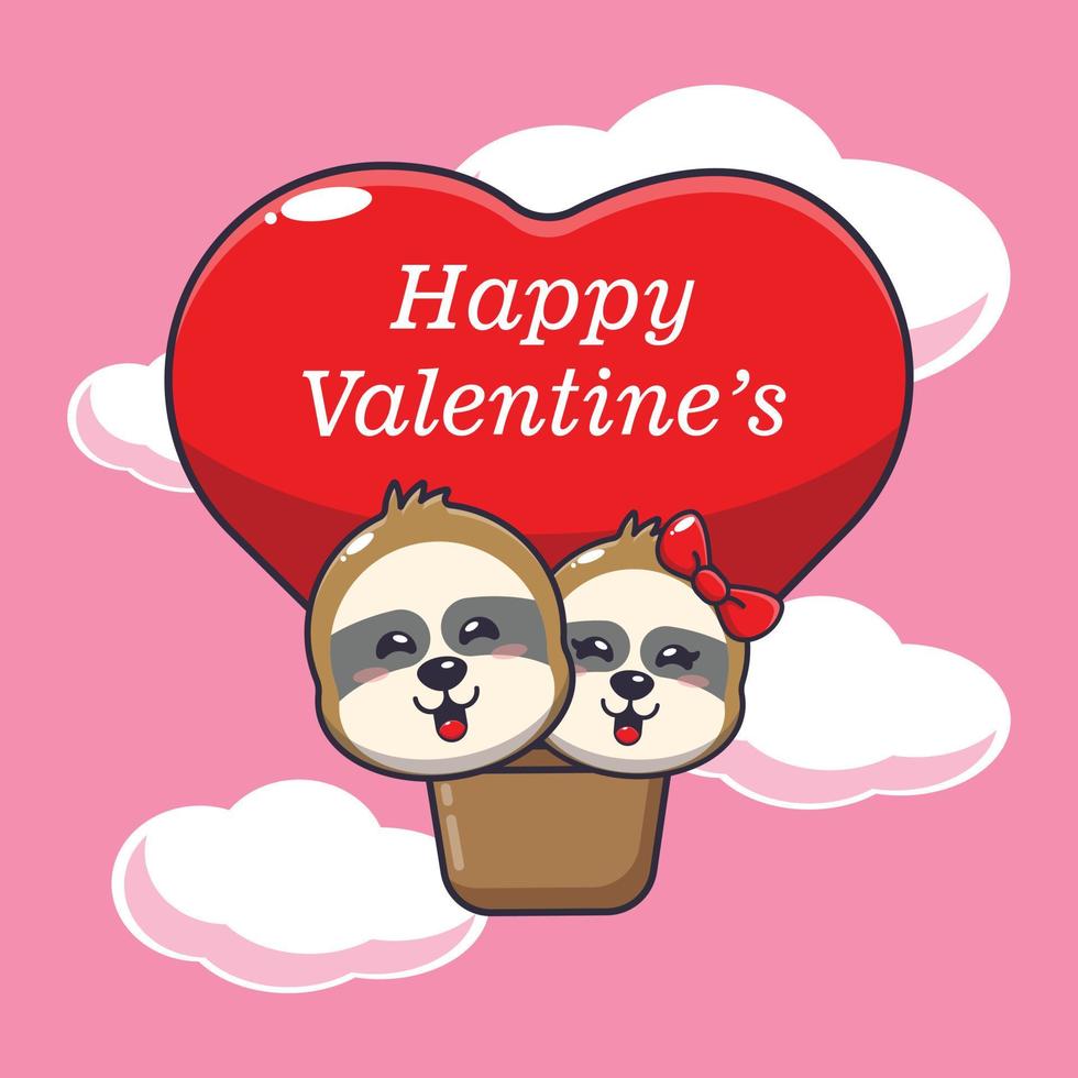 cute sloth cartoon character fly with air balloon in valentines day vector