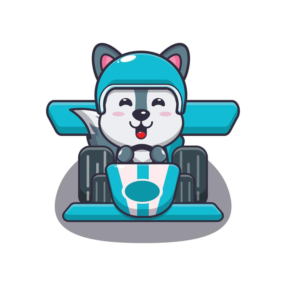 lindo lobo mascota personaje de dibujos animados montando coche de carreras vector