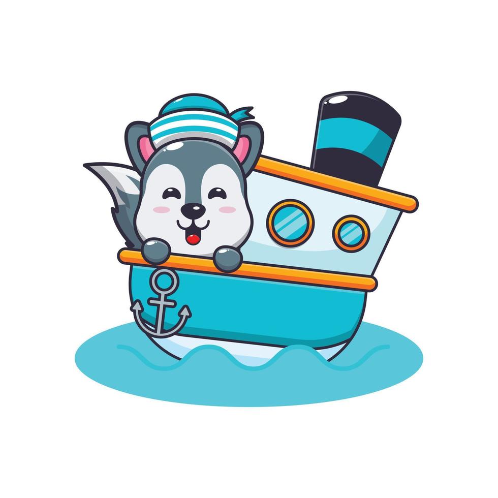 lindo personaje de dibujos animados de la mascota del lobo en el barco vector