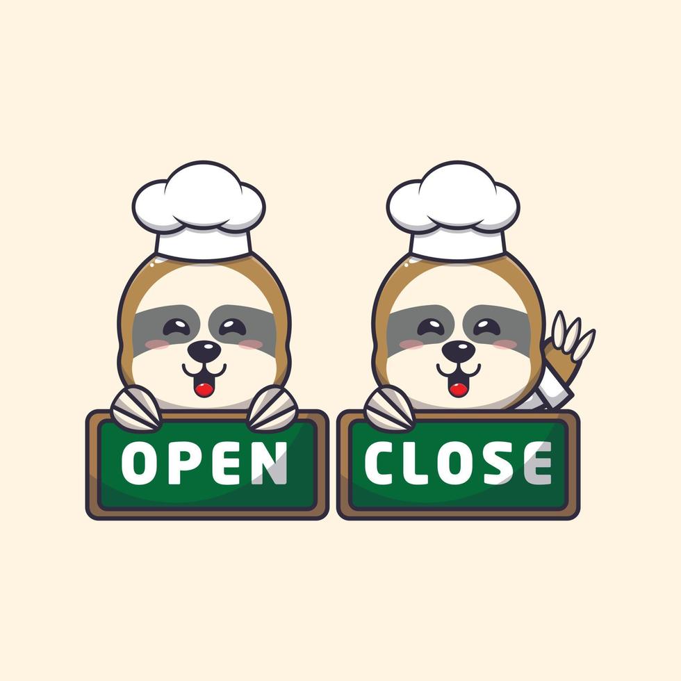 cute sloth chef mascot cartoon character with open and close board vector