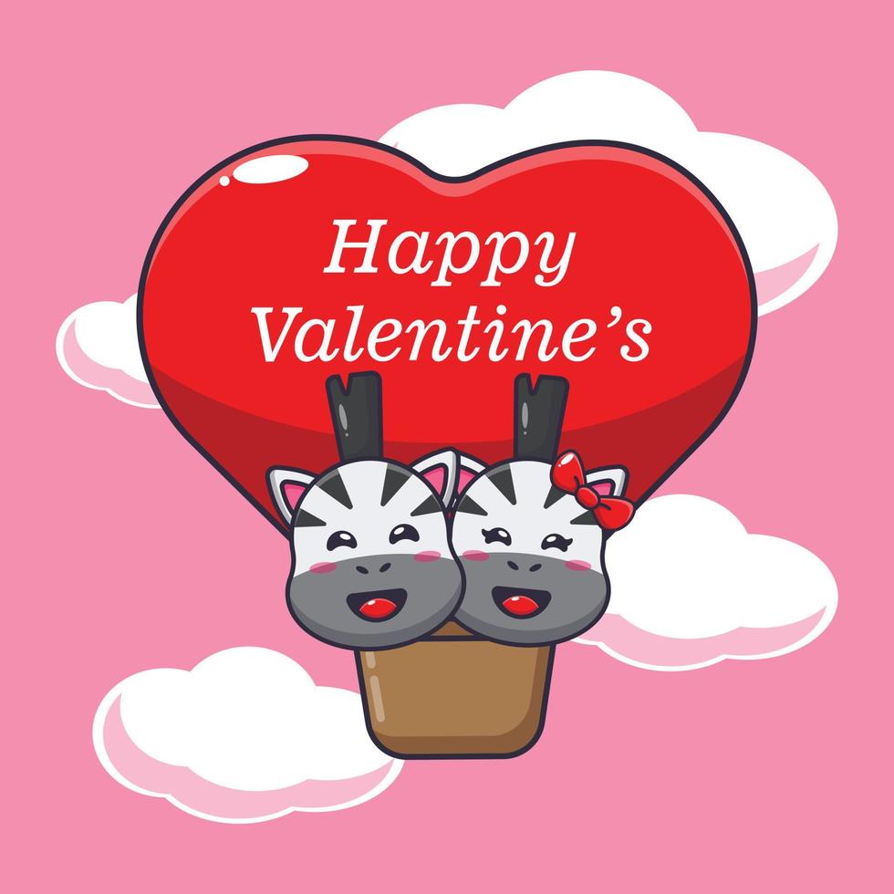 cute zebra cartoon character fly with air balloon in valentines day vector