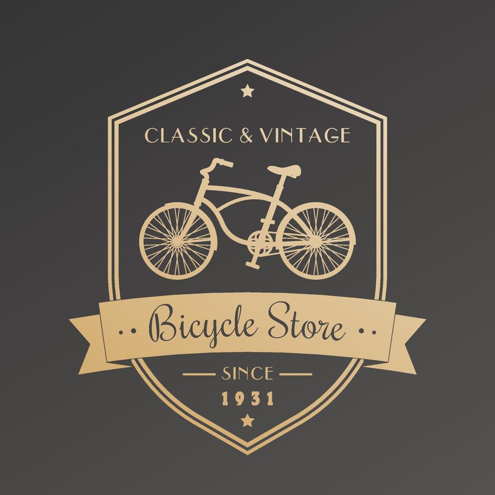 tienda de bicicletas, emblema vintage con bicicleta retro, dorado en la oscuridad vector