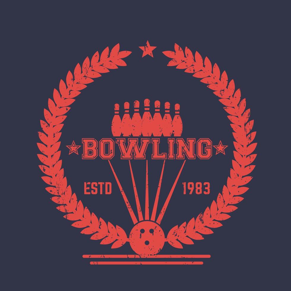 Bowling vintage logo, sign with wreath, badge with ball and pins vector