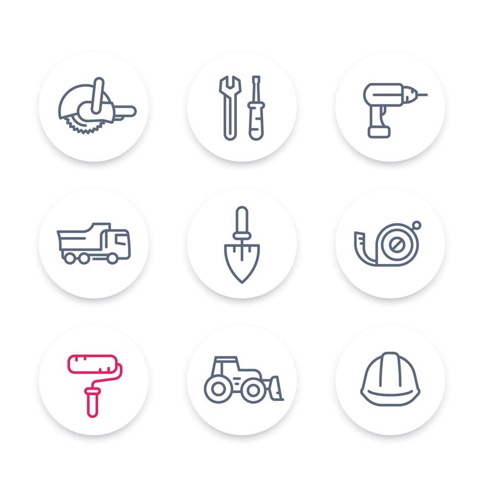 construction line icons, construction equipment and tools linear signs, pictograms, round icons set, vector illustration