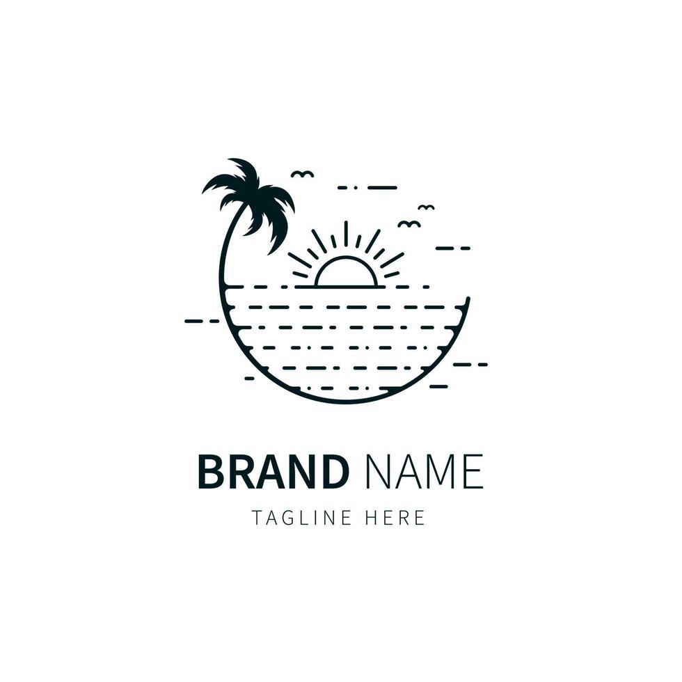 logotipo de playa. ilustración de playa con palmeras en estilo de línea. vector de icono de diseño plano